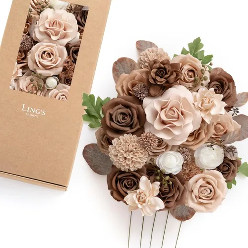 Vista 34 de Ling's moment Caja de Flores Falsas, Tallos de Vegetación Artificial Falsa Rosas de Espuma Dalia Hortensia de Seda Peonía Flor de Tela para Centros