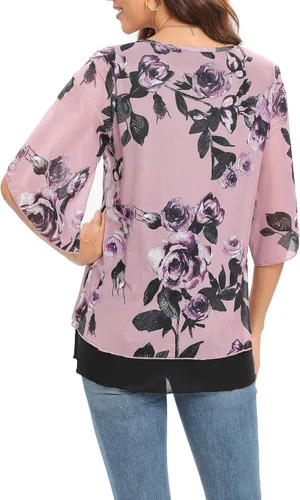 Vista 5 de Blusas de malla de manga 34 con volantes, cuello redondo, elegante, fluida