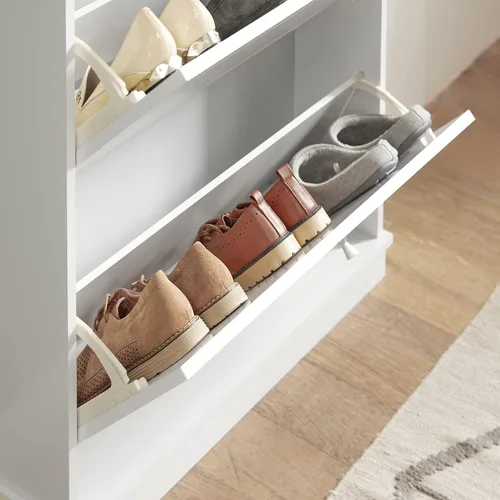 Vista 3 de Haotian Zapatero con 2 cajones abatibles, zapatero independiente, organizador de zapatos estrecho, zapatero independiente, blanco, FSR99-W, 7.1" D x