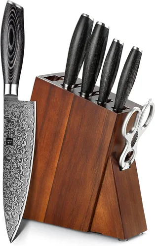 Vista 13 de XINZUO Cuchillo de cocina de 5 piezas, juego de cuchillos de chef profesional de acero de Damasco súper afilado con mango de madera de Pakkawood