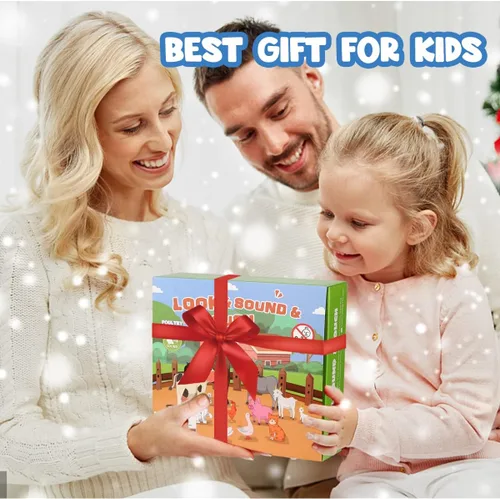 Vista 7 de DOMNIU Figuras de animales de granja, juguetes con 10 figuras de animales de plástico realistas y libro de sonido para niños, juguetes educativos