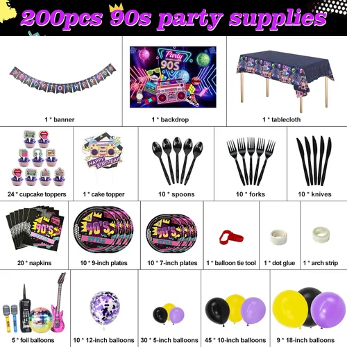 Vista 4 de HJINGY Decoraciones de fiesta de los años 90, el paquete de fiesta temática de los años 80 y 90 incluye gitar-inflable y teléfono móvil, pancarta