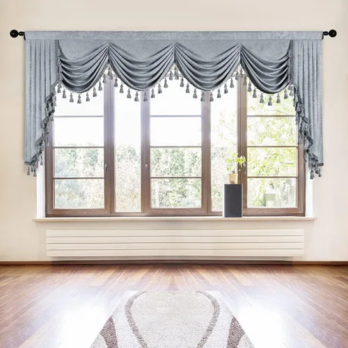 Vista 25 de ELKCA Cenefa de cortina de felpilla beige para ventana de sala de estar, cenefa de cascada para dormitorio, bolsillo para barra