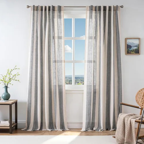 Vista 17 de DriftAway Cortinas de estilo granja con rayas verticales de lino mezclado texturizado con filtro de luz semitransparente para sala de estar