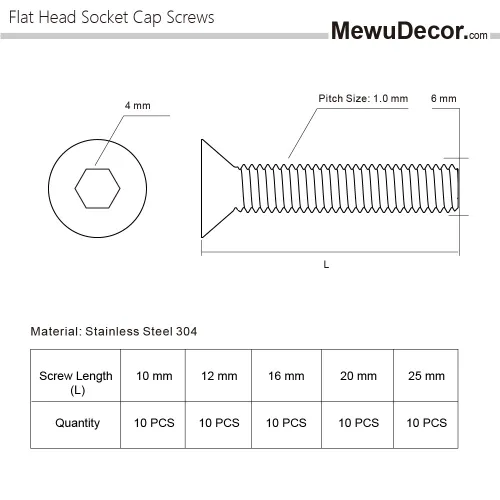Vista 2 de M6-1.0 x 10/12/16/20/25mm Flat Head Socket Cap Screws, Allen Socket Drive, DIN 7991, Stainless Steel 18-8 (304), Bright Finish, 50 PCS