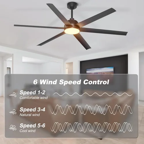 Vista 6 de Ventilador de techo de 65 pulgadas con luces, ventilador de techo negro con control remoto y aplicación, 3CCT, regulable, motor CC reversible
