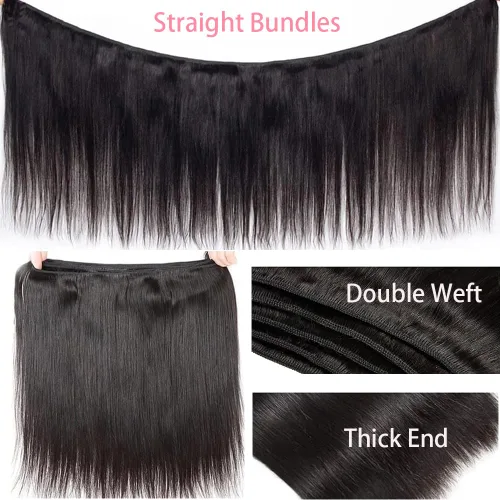 Vista 3 de Manojos lisos de cabello humano, 4 manojos de cabello humano liso de 18, 20, 22, 24 pulgadas, 100% sin procesar, extensiones de cabello virgen Negro