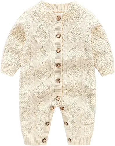 Vista 3 de Conjunto de suéter de punto tipo romper para bebé recién nacido niño de algodón de manga larga con gorros cálidos de invierno para niños Set beige.