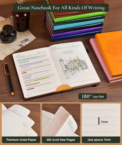 Vista 5 de Diario vintage de cuero con 300 páginas numeradas, diario rayado A4 para hombres y mujeres, diarios para escribir, cuaderno de rayas universitarias