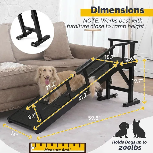 Vista 3 de Rampa para perros para cama o sofá, rampa de madera para mascotas con pendiente suave de 20°, rieles laterales extraíbles, superficie