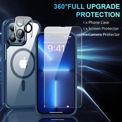 Vista 4 de Funda magnética diseñada para iPhone 13 Pro Max [compatible con MagSafe] con protector de pantalla y protector de lente de cámara, funda Azul