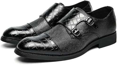 Vista 3 de HuitJours Men Black Blue Snakeskin Slips on Dress Shoes Double Monk Straps Classic Loafers Zapatos de Vestir para Hombre