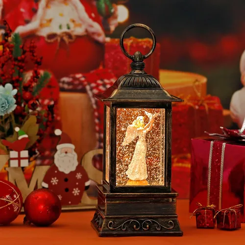 Vista 5 de Decoración de globo de nieve de Navidad, linterna de ángel con purpurina musical con temporizador de 6 horas, decoración iluminada alimentada por