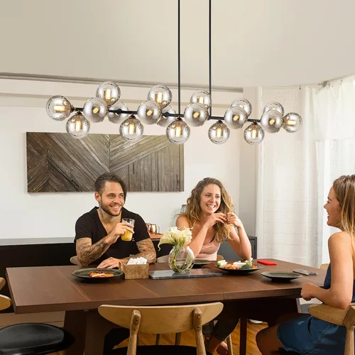 Vista 9 de Candelabro lineal negro Sputnik de 70 pulgadas, lámpara de comedor con 22 luces, globo de vidrio, lámpara lineal ahumada para granja, sala de estar