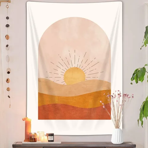 Vista 3 de DYNH Tapiz vertical de sol bohemio, tapiz bohemio de desierto de montaña para colgar en la pared para dormitorio, tapiz minimalista amarillo, póster
