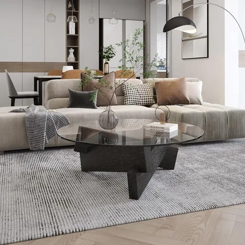 Vista 4 de Mesa auxiliar redonda de vidrio con patas de madera maciza para sala de estar (patas de nogal+vidrio gris)