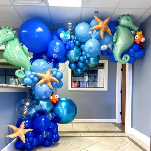 Vista 4 de NISOCY Kit de arco de guirnalda de 124 globos azules, 18, 12, 10 y 5 pulgadas, color azul claro, azul real, azul metálico, globos para baby shower