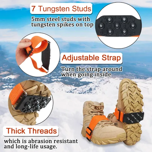 Vista 3 de Tacos de hielo de tracción de nieve para botas y zapatos, suela media, crampones antideslizantes con correas ajustables, 7 tacos de tungsteno