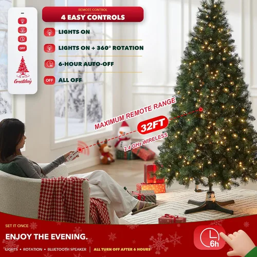 Vista 5 de GREATDAY - Soporte musical giratorio para árbol de Navidad con control remoto, altavoz Bluetooth, 10 canciones, rotación de 360°, se adapta a