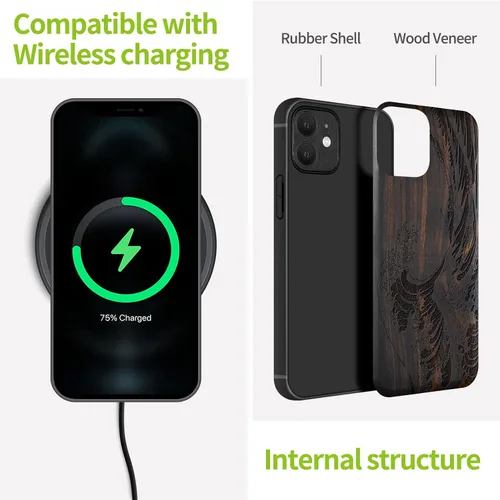 Vista 7 de Carveit Funda magnética de madera para iPhone 12 [madera natural y TPU suave] a prueba de golpes, funda de madera única y elegante compatible