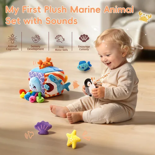 Vista 3 de SAIMAND Juguetes para bebés de 6 a 12 meses – Caja suave misteriosa con 5 animales marinos de peluche, sonajero, papel crujiente y espejo – Juguetes