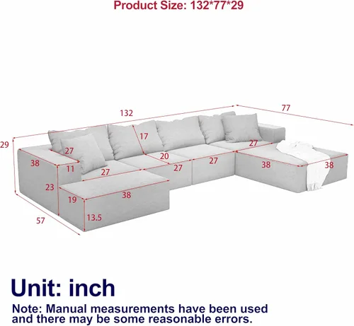 Vista 2 de Juego de sofá modular modular en forma de L de 132 pulgadas, sofá de nube sin hueso, sofá seccional convertible con almohadas, juegos de muebles
