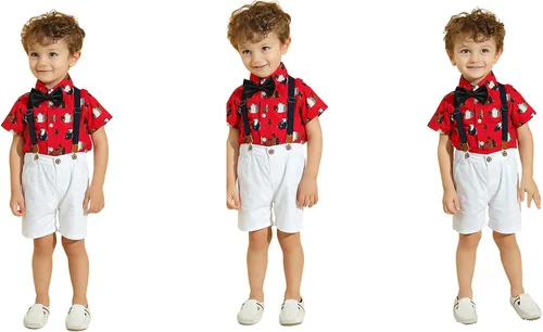 Vista 2 de Kimocat Traje de caballero para bebé, camisa de algodón con corbatín, overoles de 3 piezas