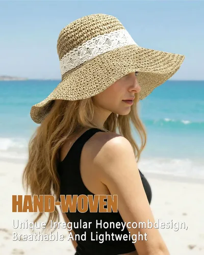 Vista 2 de Sombreros de sol para mujer, sombrero de pescador de paja de ala ancha de 2-Beige