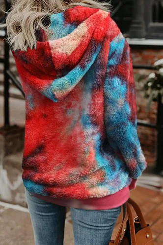 Vista 2 de Nirovien Sudadera Sherpa con capucha para mujer diseño de teñido anudado con doble forro polar mullida de gran tamaño a cuadros