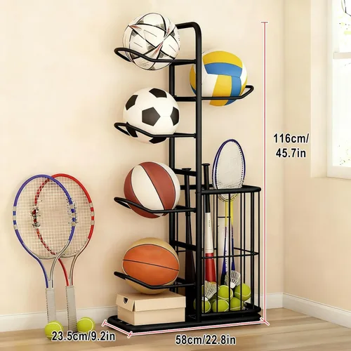 Vista 7 de Estante vertical de bolas para garaje, soporte vertical de exhibición de baloncesto para interiores y exteriores, estante de almacenamiento