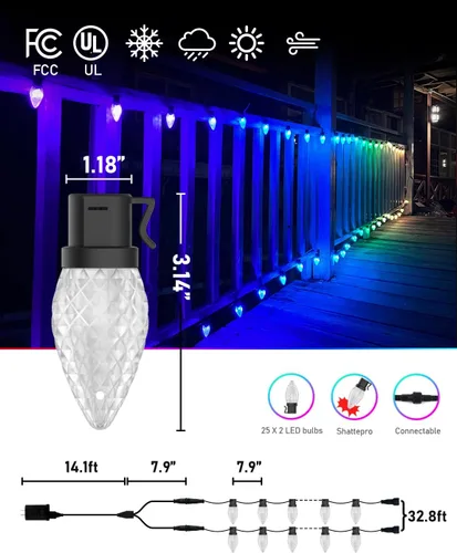 Vista 7 de Guirnalda de luces C9 para Navidad personalizada, 33 pies, 50 LED, controladas por aplicación, cambio de color, control de grupo, luces de cadena