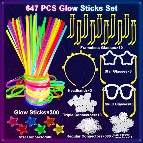 Vista 2 de 647 varillas que brillan en la oscuridad, regalos de fiesta del 4 de julio, suministros de fiesta para adultos, palillos brillantes a granel
