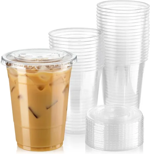 Vista 10 de Fit Meal Prep Paquete de 50 vasos de plástico transparente de 9 onzas con tapas planas, tazas desechables para café helado, sin BPA, taza de batido