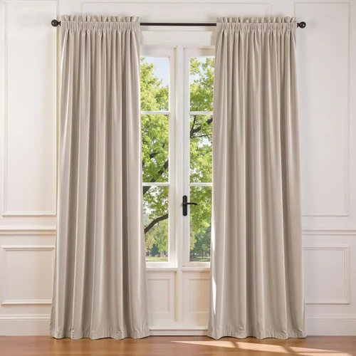 Vista 48 de Lazzzy Cortinas opacas de terciopelo beige de 84 pulgadas de largo con aislamiento térmico para oscurecer la habitación, cortinas forradas de lujo