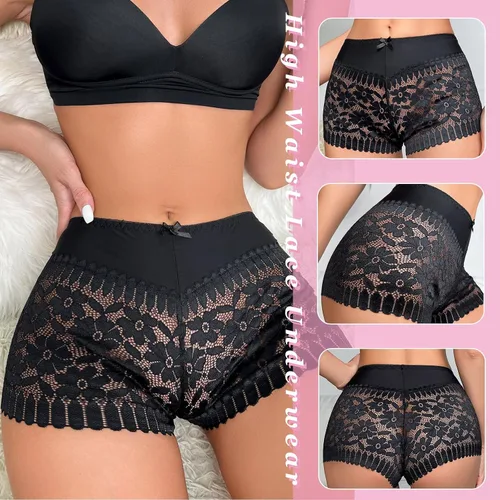 Vista 3 de Pantalones cortos de encaje para mujer, transpirables, cómodos, de cintura alta, elásticos, calzones de malla de encaje para mujer