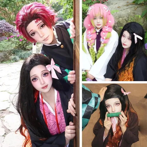 Vista 6 de SL Nezuko - Peluca de cosplay + cinta rosa para DS, peluca larga negra y naranja, pelucas de pelo de anime con gorra para fiesta de disfraces