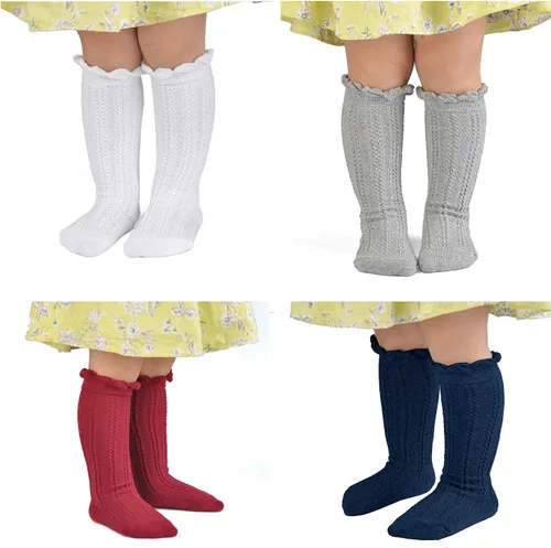 Vista 2 de EPEIUS Girls Cotton Knee High Socks Mesh Ruffle School Uniform Long Socks Clásico de otoño (blanco/gris/azul marino/amarillo/vino)