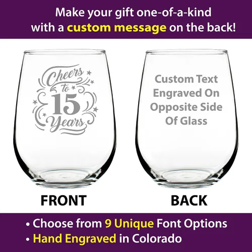 Vista 2 de Personalizado Salud a los 15 años - Copa de vino sin tallo con mensaje grabado personalizado - Regalos para decoración de fiesta de 15 aniversario