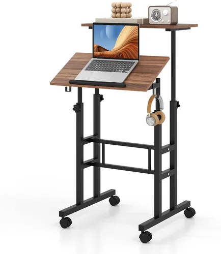 Vista 12 de Tangkula Escritorio de pie móvil, escritorio portátil con ruedas Height-adjustable Standing Table w/Tilting Tabletop, Laptop Workstation w/Hanging