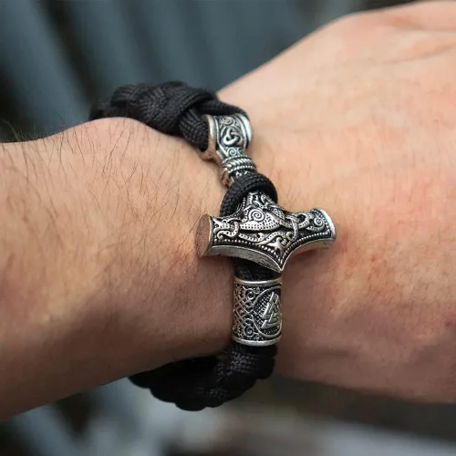 Vista 5 de Pulsera de martillo de Thor vikingo, cuerda de supervivencia Valknut Dragón Fenrir Medallón Mjolnir, Martillo de Thor, Serpiente Ouroboros