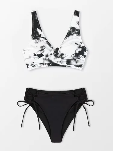 Vista 5 de CUPSHE - Bikini para mujer - Traje de baño de dos piezas con estampado floral y tiras. Negro