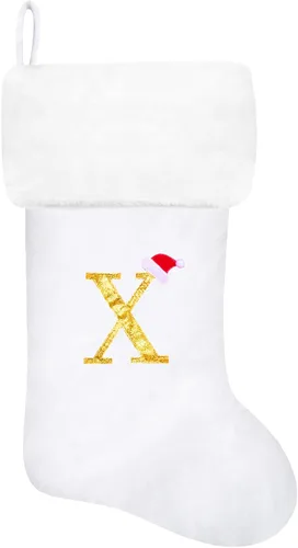 Vista 130 de Calcetines de Navidad bordados de 20 pulgadas con monograma, terciopelo negro con puño de felpa blanca supersuave, adornos clásicos para decoración