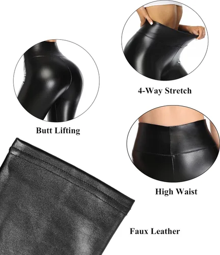 Vista 4 de Cheapestbuy Leggings de piel sintética de cintura alta para mujer, pantalones de piel sintética sexy, elásticos, de poliuretano para el tobillo