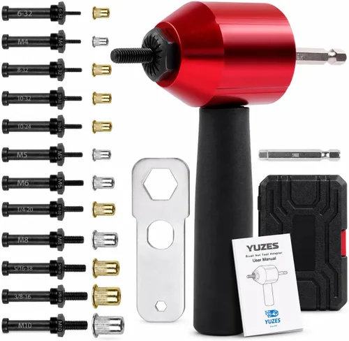 Vista 9 de YUZES - Kit de herramientas de tuerca remachadora para taladro y trinquete, 10 mandriles, 50 tuercas de remache