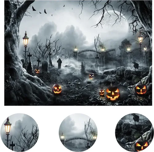 Vista 5 de LYWYGG Fondo de Halloween para fotografía, fondo nocturno de terror, telón de fondo de luna de calabaza aterradora para fiestas, suministros