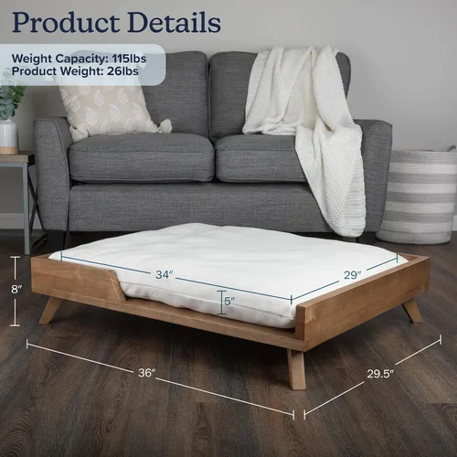 Vista 5 de PETMAKER - Cama elevada para perros, cama interior para mascotas de 36 x 29.5 pulgadas con marco y cojín suave, cama para perros de madera moderna