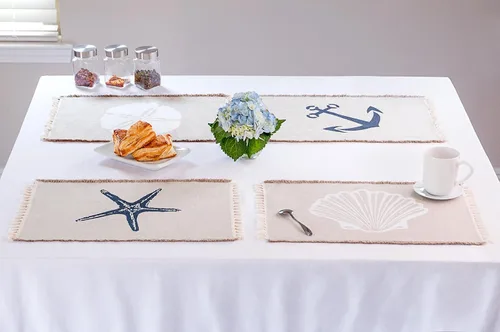 Vista 2 de Living Fashions Juego de 4 manteles individuales para mesa de comedor, 100 % algodón lavable, diseño de concha de mar, dólar de arena, estrellas