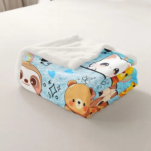 Vista 5 de Manta de franela de animales de dibujos animados para todas las estaciones, manta de cama azul con estampado de amor Kawaii para decoración