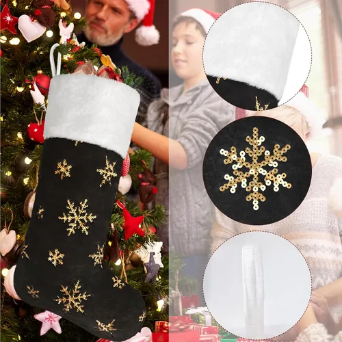 Vista 2 de 1 paquete de medias de Navidad personalizadas con nombres, 22 pulgadas, bordado personalizado, de piel sintética, negro y azul, con copos de nieve