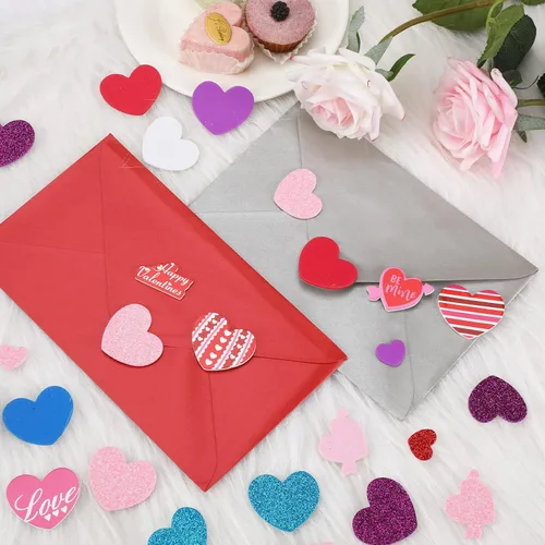 Vista 3 de JULBEAR 300 calcomanías de espuma de corazón para el día de San Valentín, con brillantina, autoadhesivas, coloridas calcomanías de espuma mixta